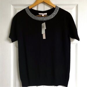 100% cashmere black short sleeve rhinestone crew neck  sweater medium